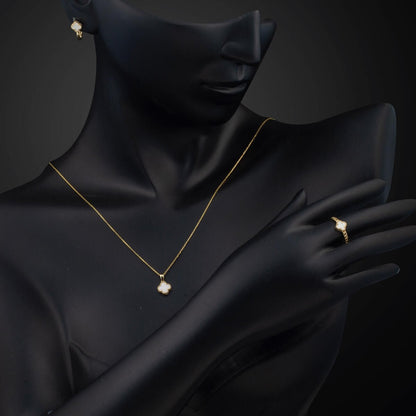 14K Yellow Gold Clover Mother of Pearl Cubic Zirconia Jewelry Set