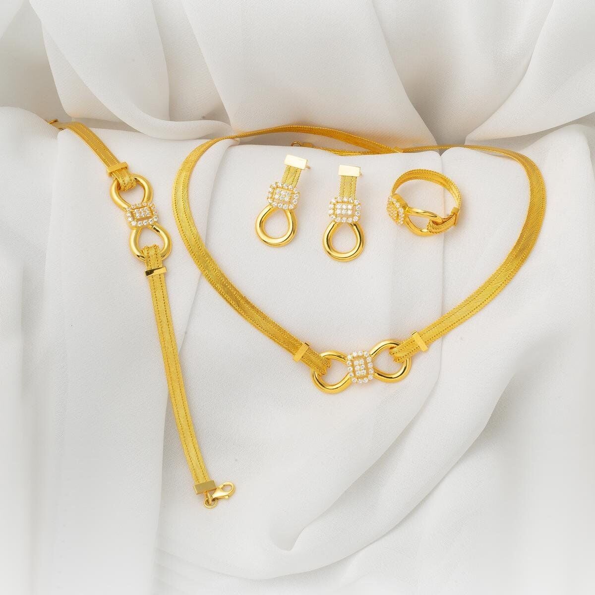 14K Yellow Gold Infinity Trabzon Mesh Cubic Zirconia Jewelry Set