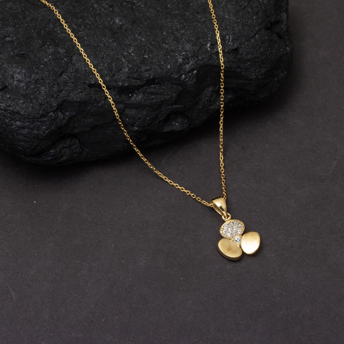 14K Yellow Gold Three Leaf Clover Cubic Zirconia Necklace