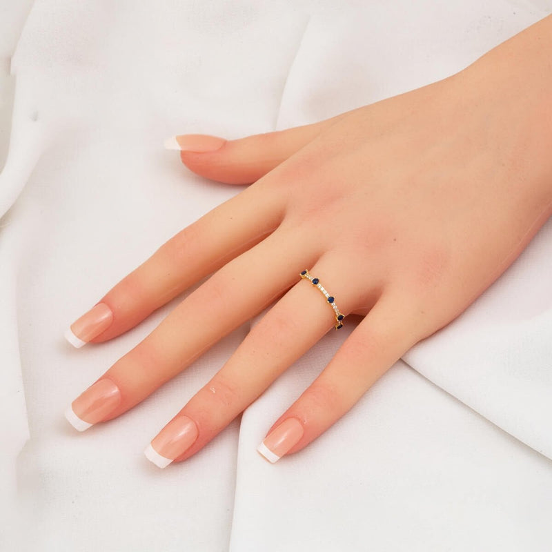 14K Yellow Gold Half Eternity Navy Blue Cubic Zirconia Ring