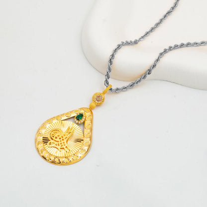 14K Yellow Gold Teardrop Sparkling Ottoman Tughra Cubic Zirconia Pendant