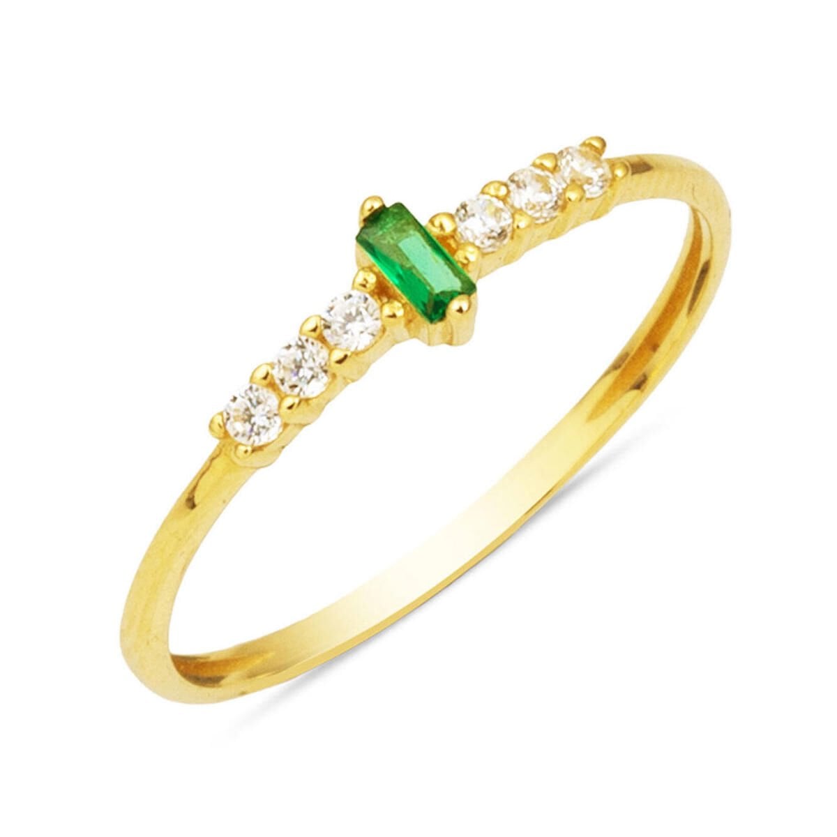14K Yellow Gold Green Baguette Solitaire Cubic Zirconia Ring