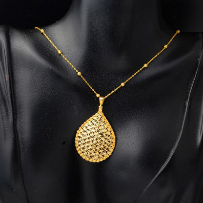 14K Yellow Gold Flower of Life Teardrop Necklace