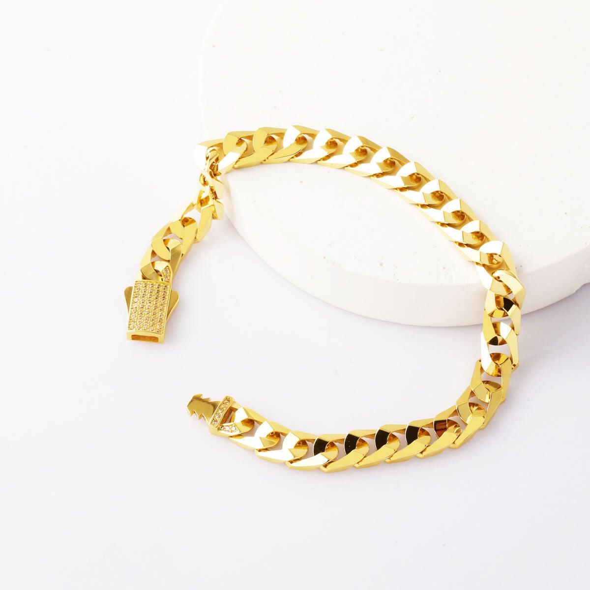 14K Yellow Gold Italian Curb Buckle Cubic Zirconia Bracelet