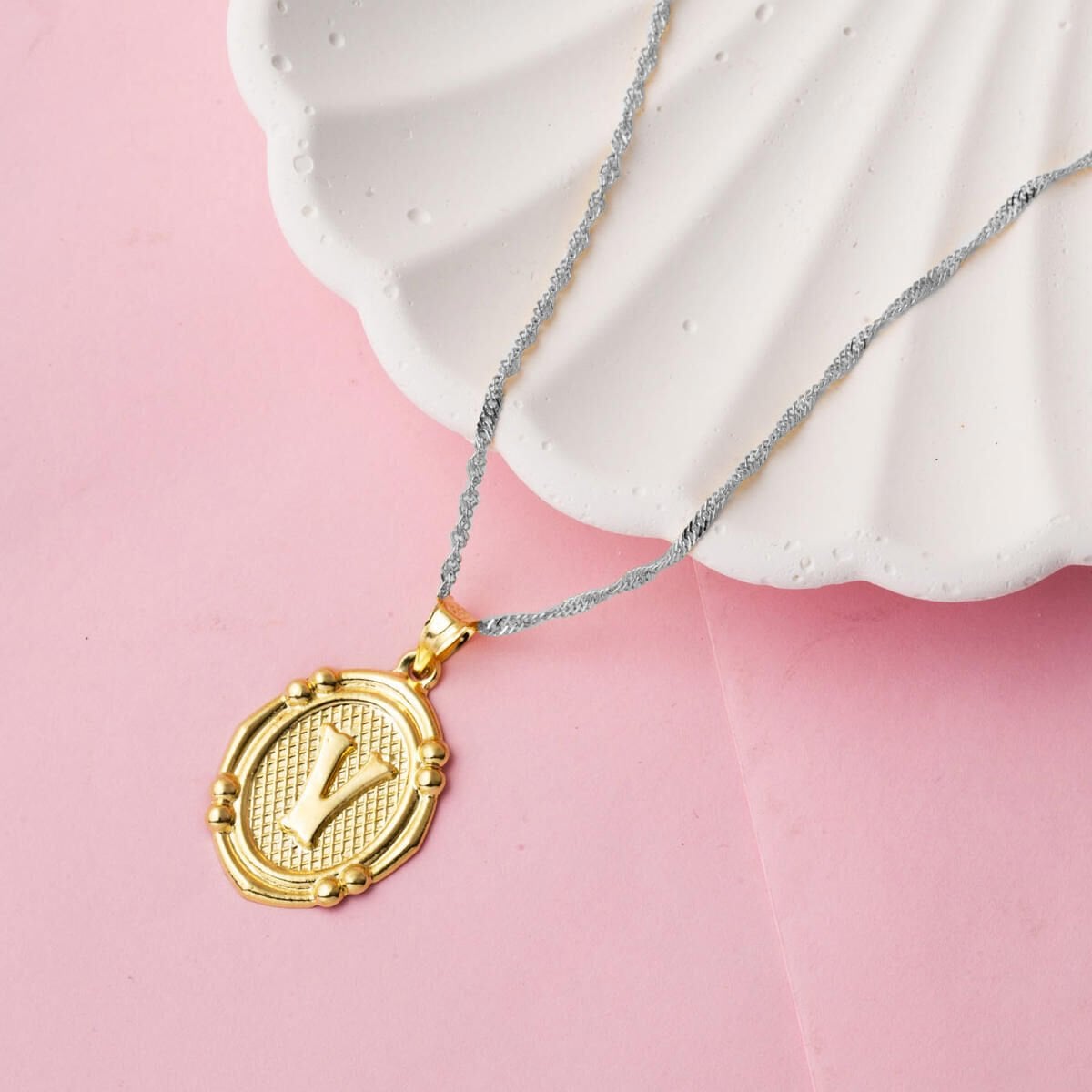 14K Yellow Gold Italian V Initial Pendant