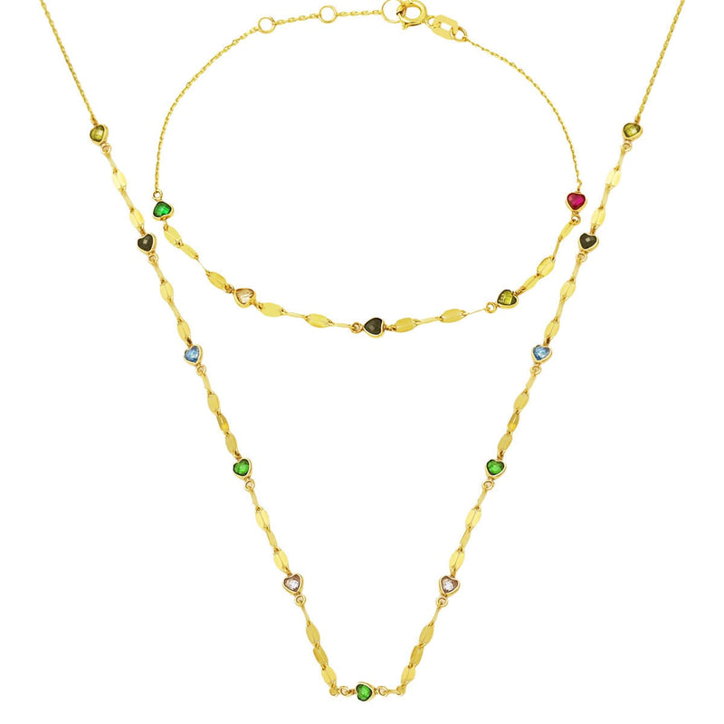 14K Yellow Gold Colored Hearts Chain Cubic Zirconia Double Necklace Bracelet Set