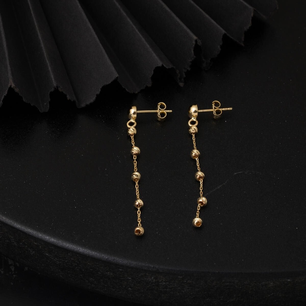 14K Yellow Gold Bead Dangle Earrings