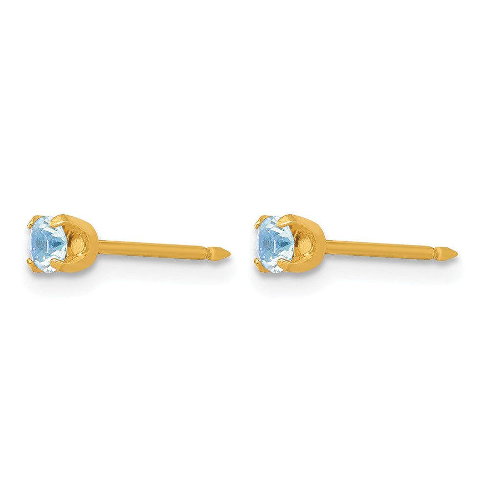 14K Yellow Gold 3mm March Crystal Birthstone Post Earrings