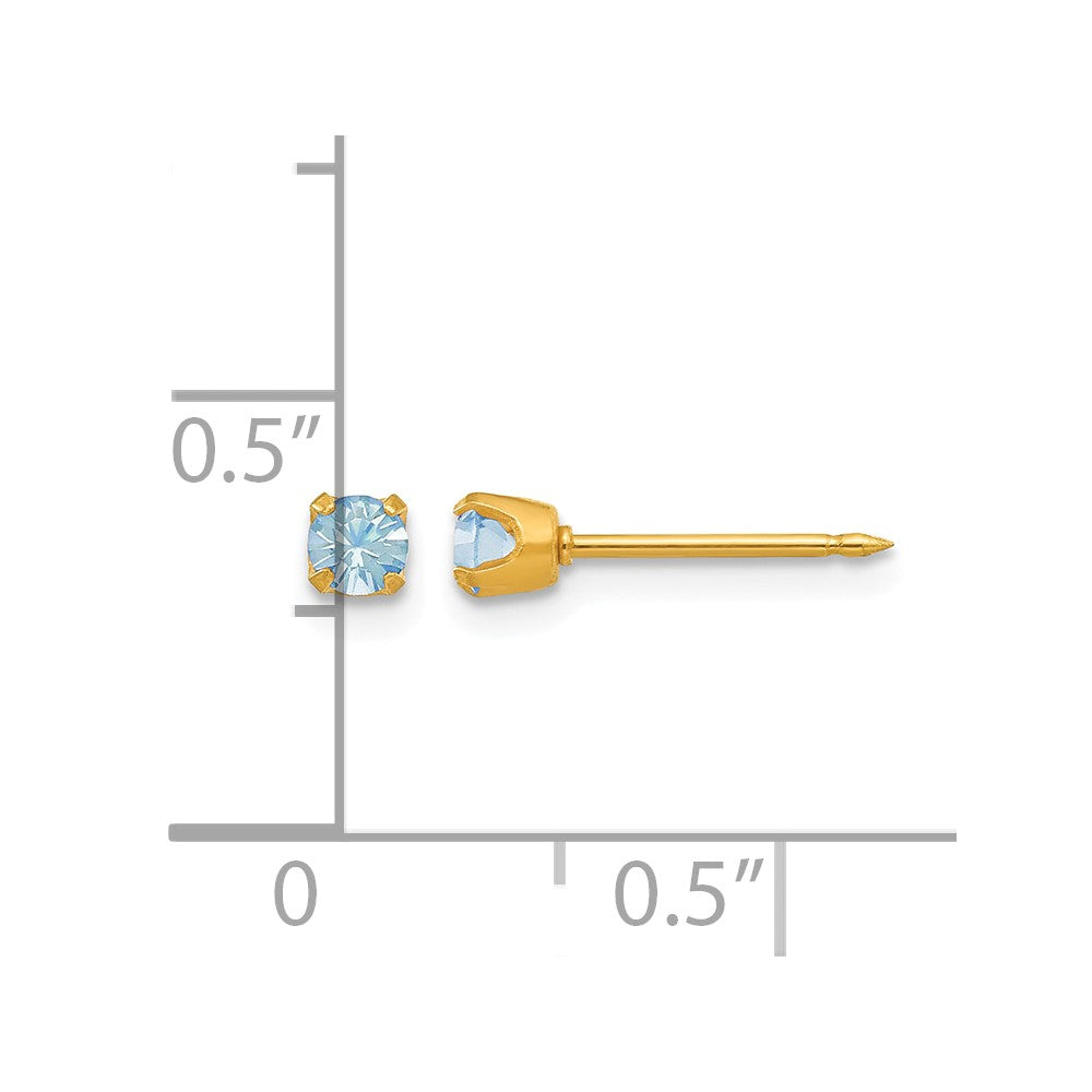 14K Yellow Gold 3mm March Crystal Birthstone Post Earrings
