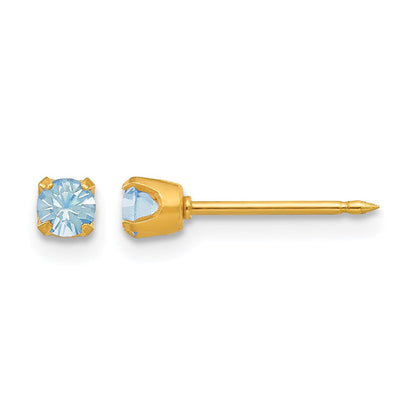 14K Yellow Gold 3mm March Crystal Birthstone Post Earrings