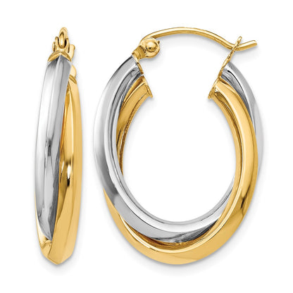 14K Two Tone Polished Oval Hinged Hoop Earrings