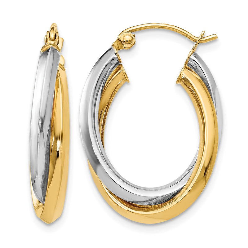 14K Two Tone Polished Oval Hinged Hoop Earrings