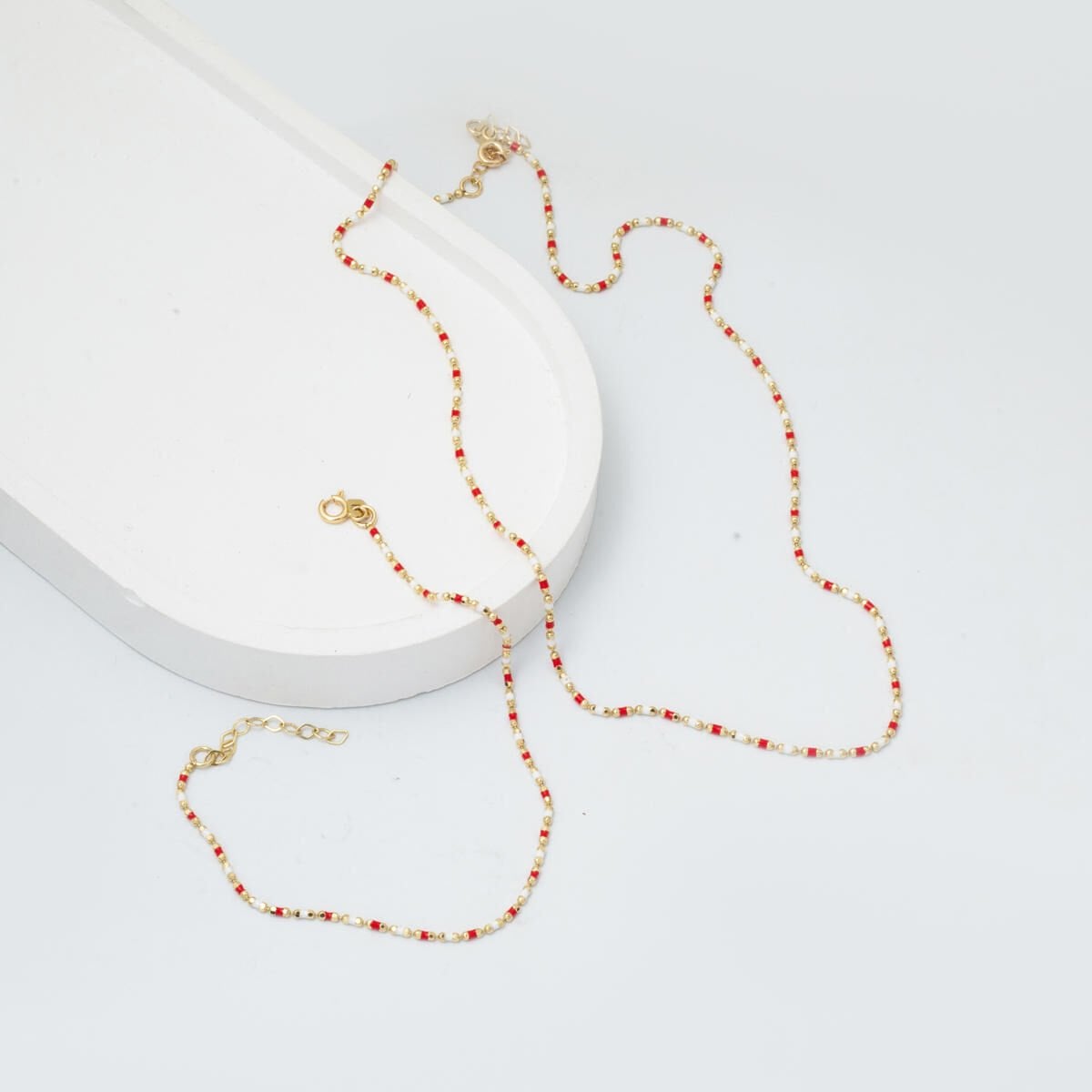 14K Yellow Gold Rose Enamel Chain Double Set