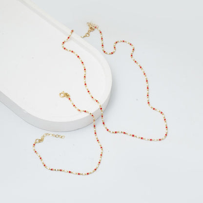 14K Yellow Gold Rose Enamel Chain Double Set