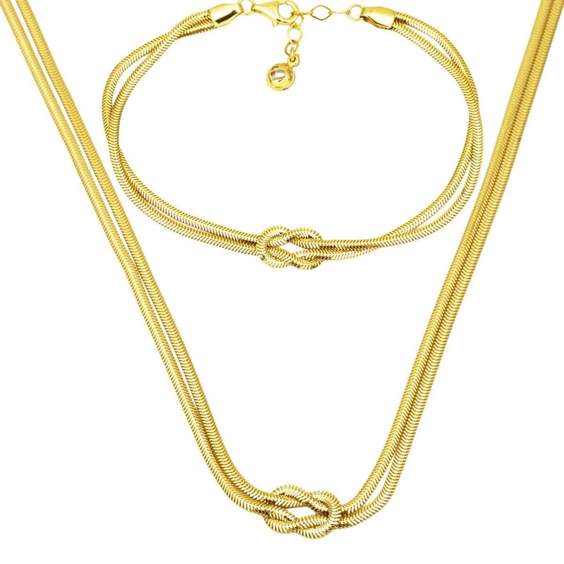 14K Yellow Gold Knot Herringbone Chain Necklace and Bracelet Set
