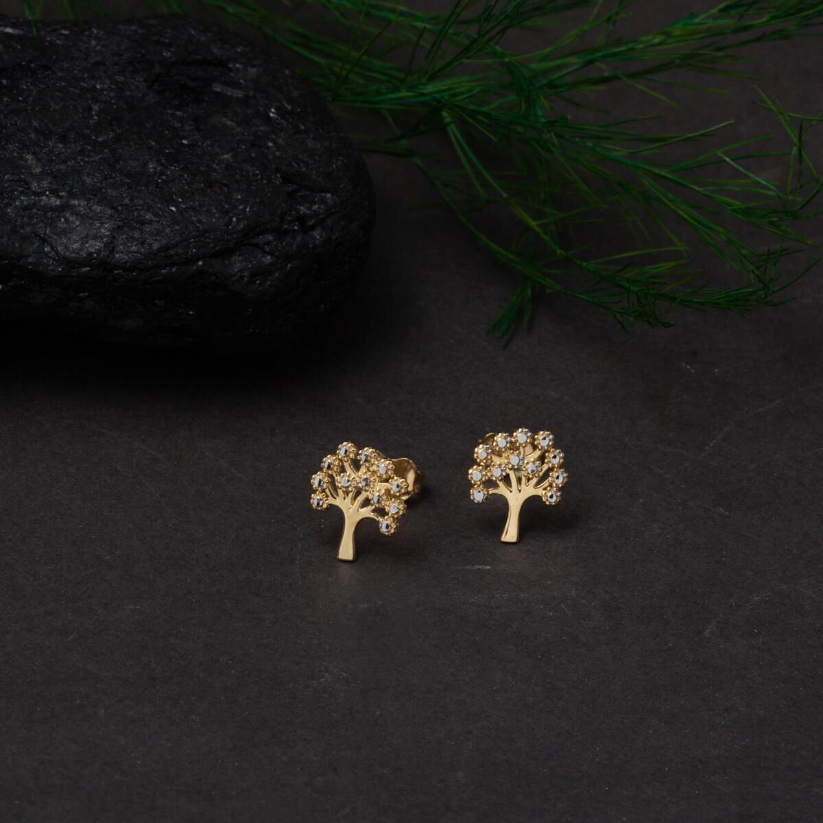 14K Yellow Gold Life Tree Cubic Zirconia Earrings