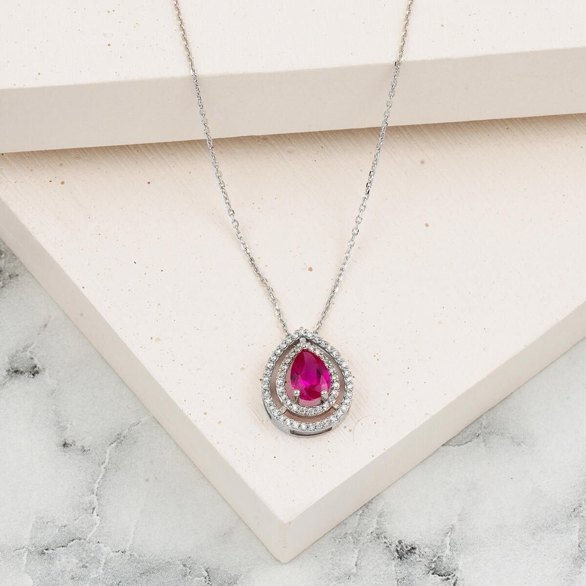 14K White Gold 0.20 Ct Diamond Ruby Necklace