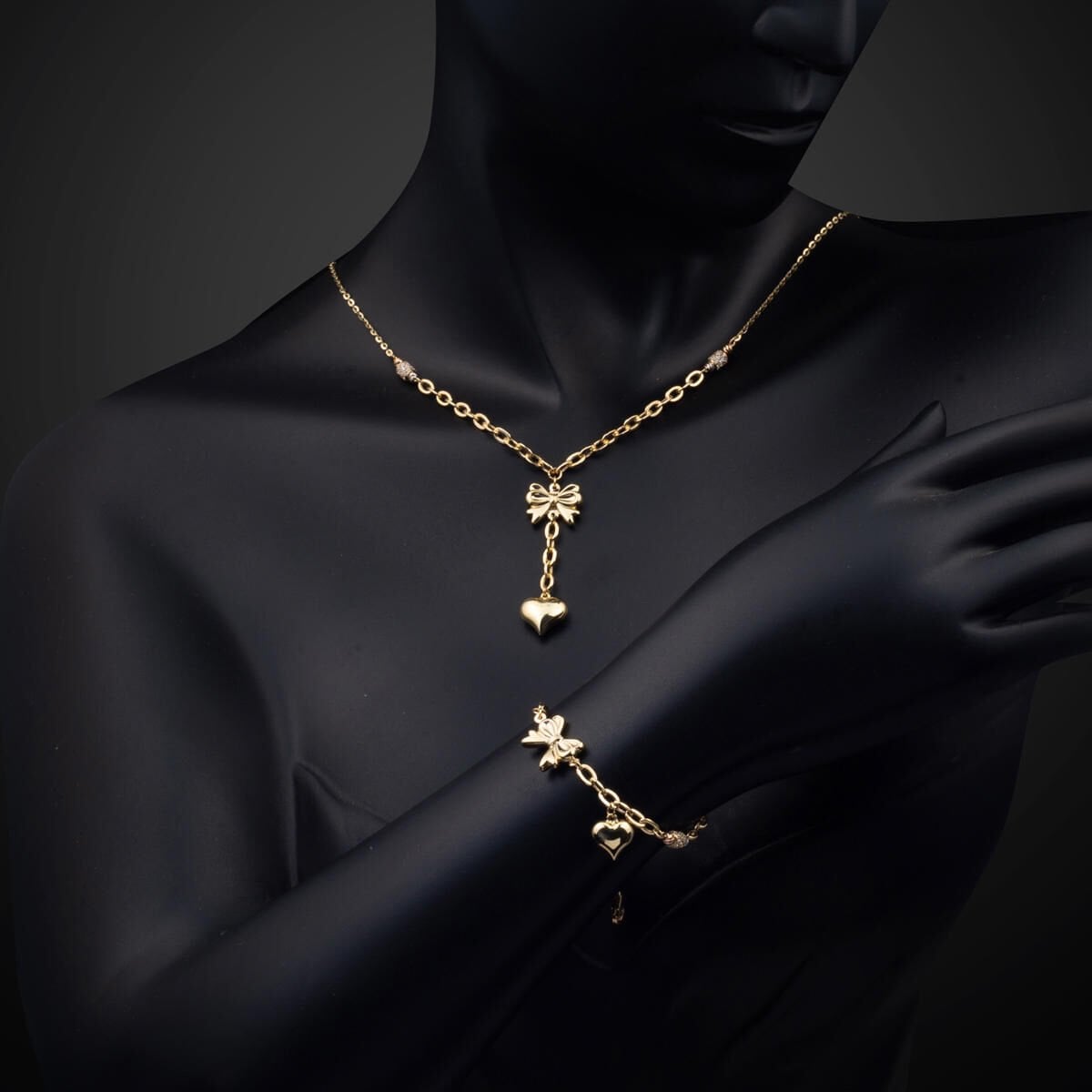 14K Yellow Gold Heart Dangle Cubic Zirconia Necklace and Bracelet Set