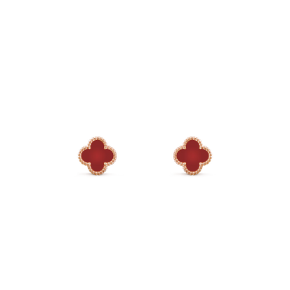 Clover Floral Alhambra Sweet Style Stud Earrings in Solid 10K/14K/18K Yellow Gold Malachite/Pearl/Black Onyx/Carnelian Gemstone
