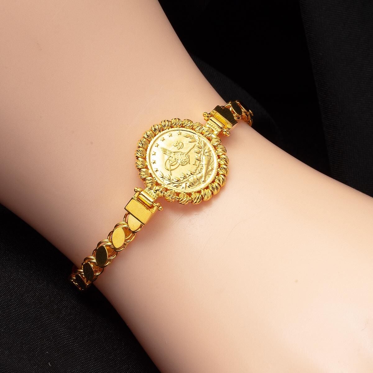 14K Yellow Gold Quarter Coin Ottoman Resat Coin Bezel Bracelet