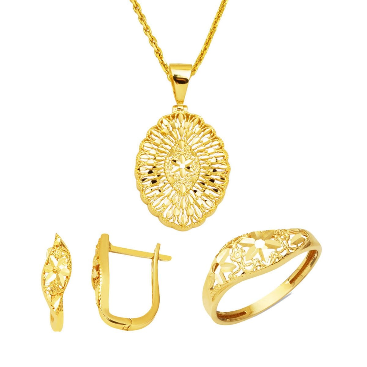 14K Yellow Gold Flower of Life Curb Minimalist Jewelry Set