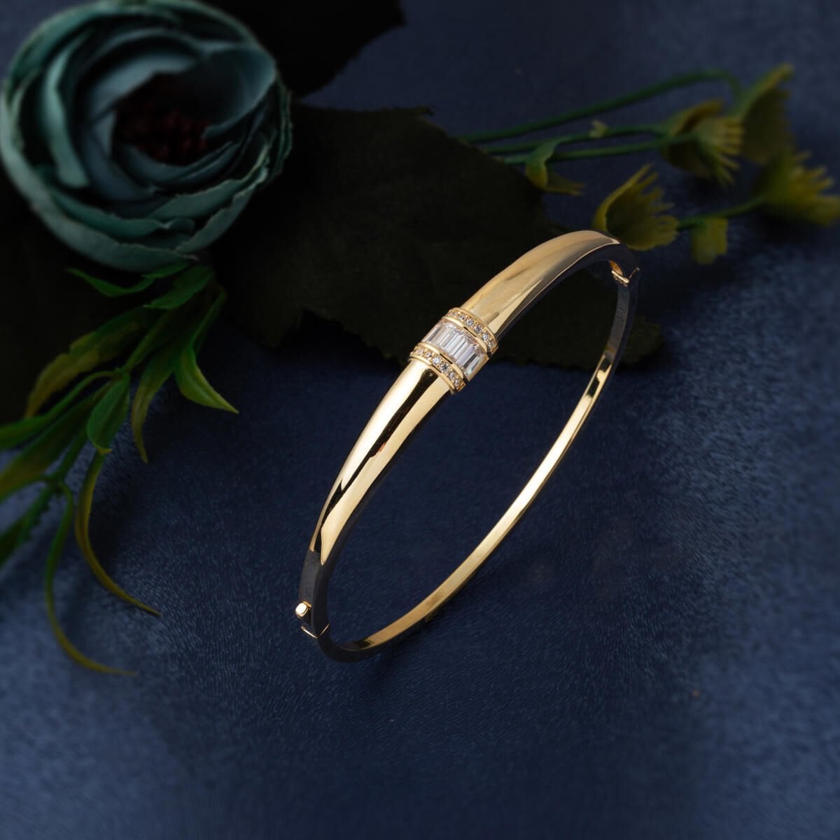 14K Yellow Gold Baguette Minimalist Cubic Zirconia Hinged Cuff Bangle