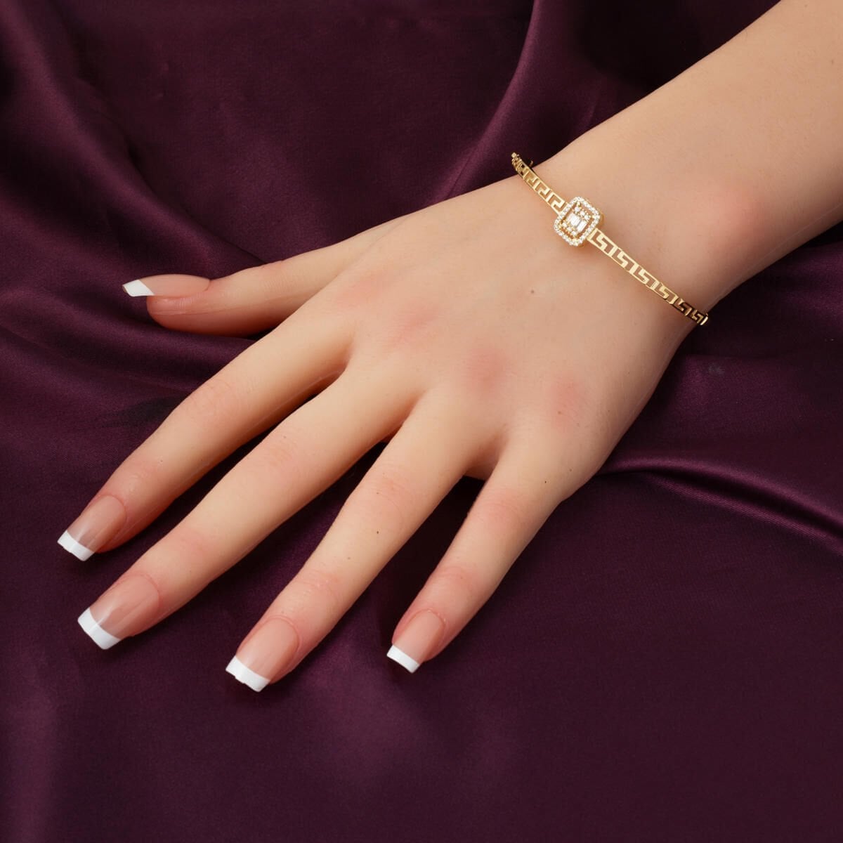 14K Yellow Gold Designer Inspired Baguette Cubic Zirconia Hinged Cuff Bangle
