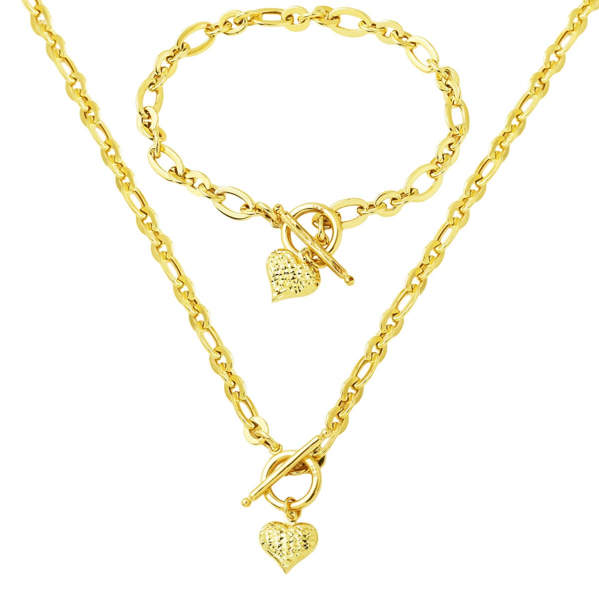 14K Yellow Gold Heart Chakra Hoop Lock Necklace and Bracelet Set