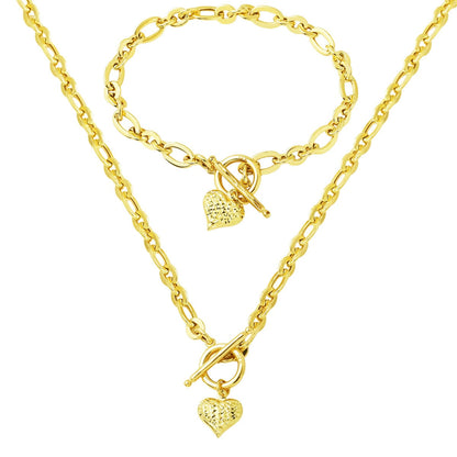 14K Yellow Gold Heart Chakra Hoop Lock Necklace and Bracelet Set