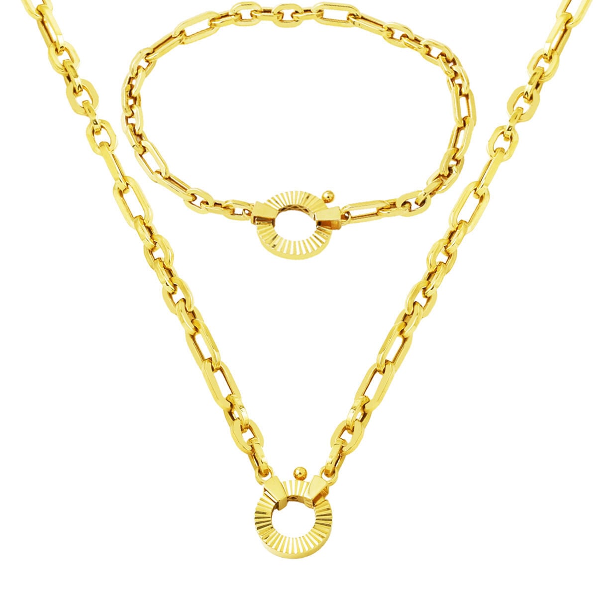 14K Yellow Gold Hoop Lock Chain Jewelry Set