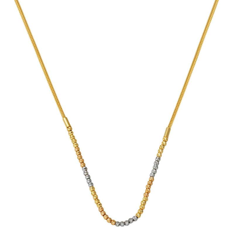 14K Yellow Gold Bead Woven Link Chain Cubic Zirconia Necklace