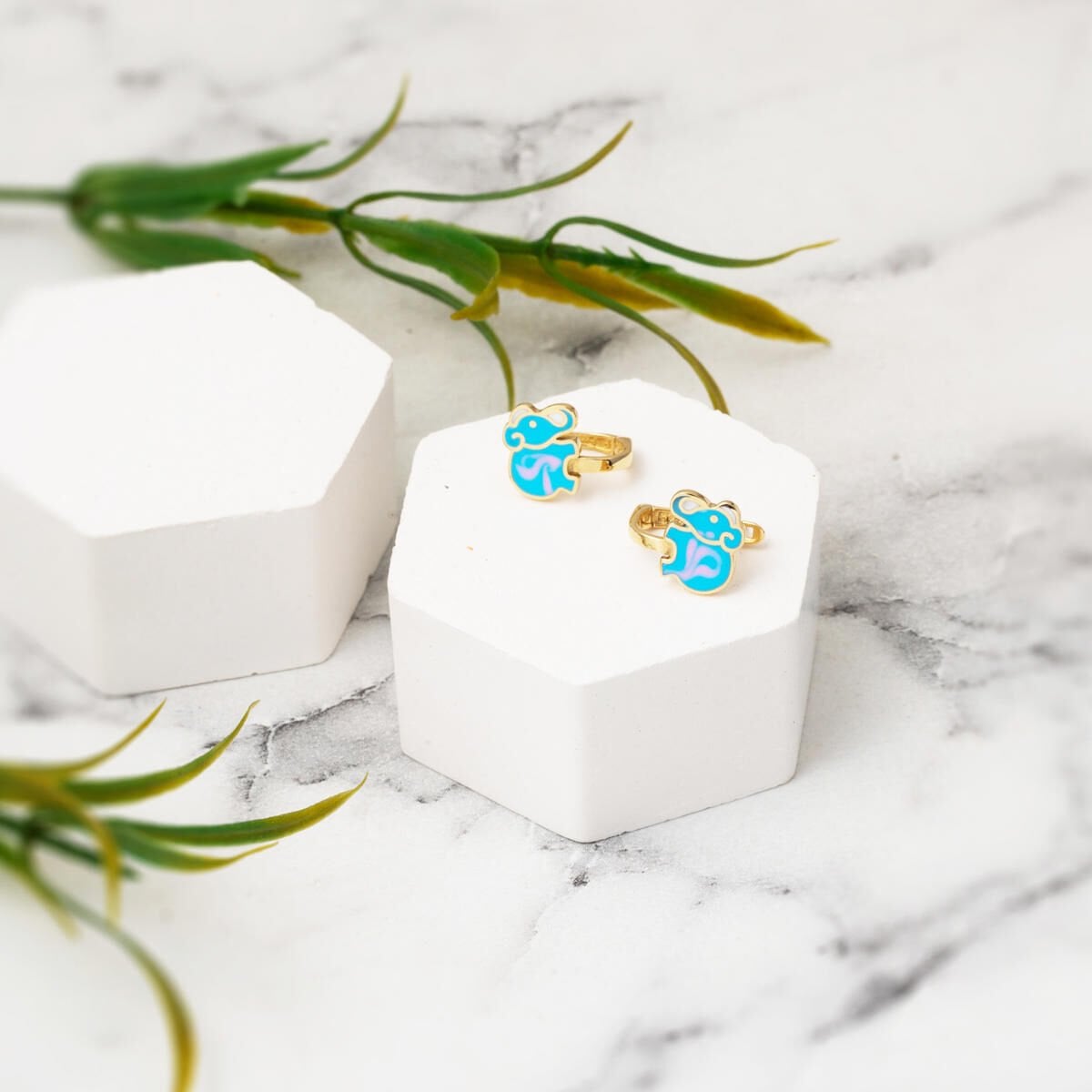 14K Yellow Gold Blue Elephant Enamel Children's Earrings