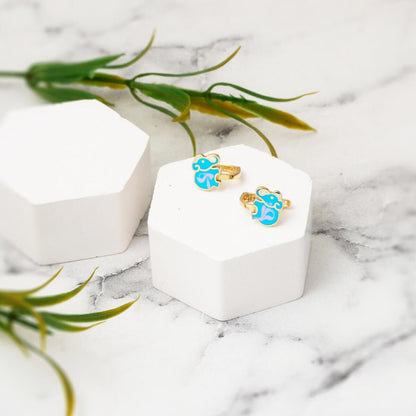 14K Yellow Gold Blue Elephant Enamel Children's Earrings