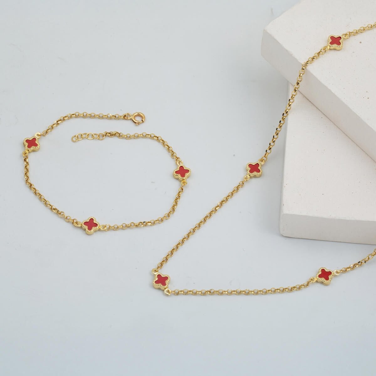 14K Yellow Gold Rose Clover Onyx Necklace Bracelet Set