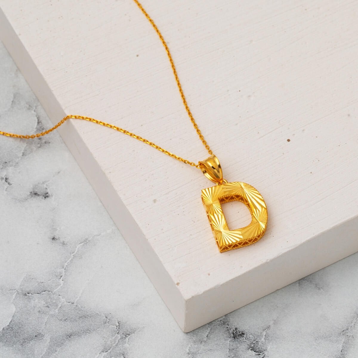 22K Yellow Gold Initial D Three Dimensional Necklace