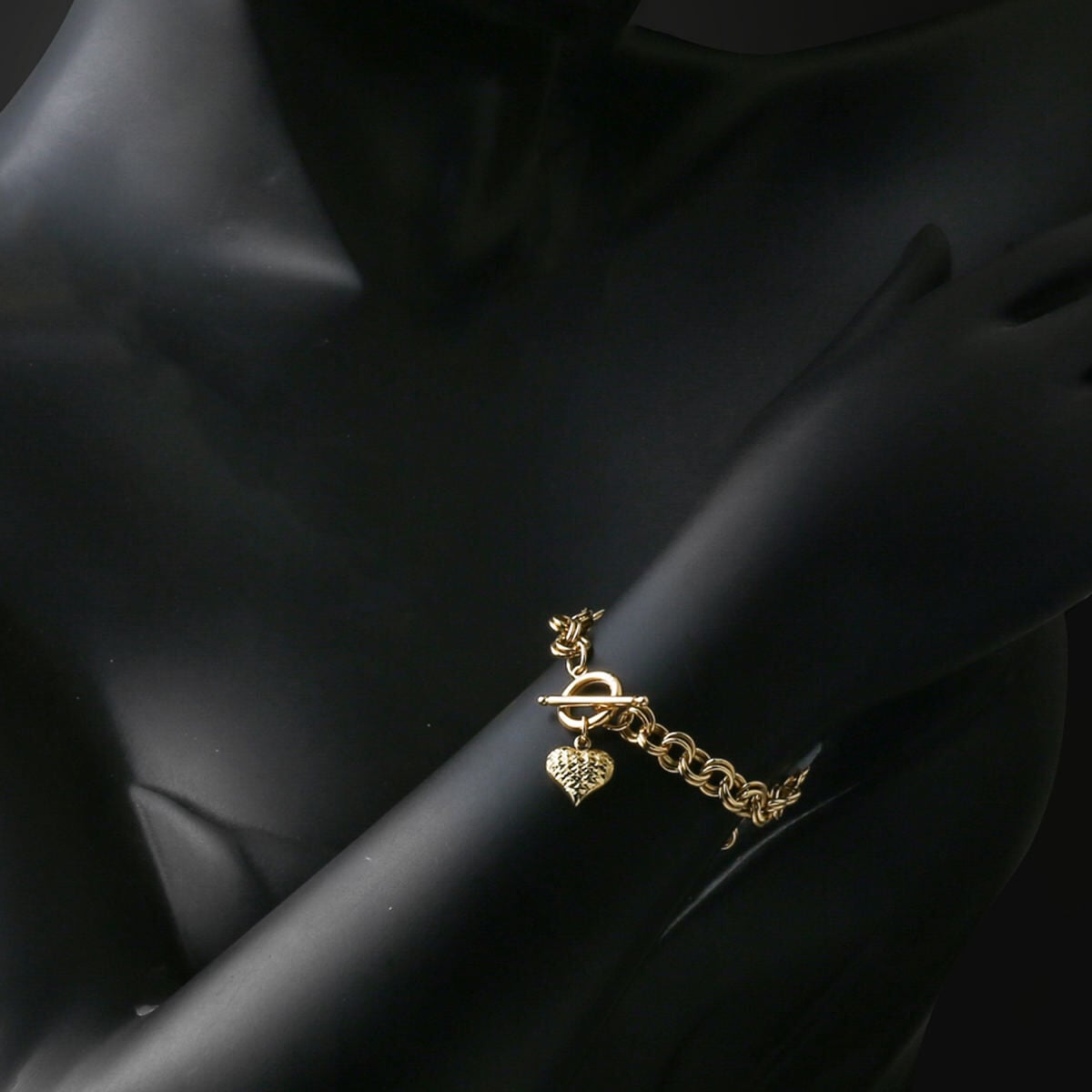 14K Yellow Gold Hoop Chain Heart Bracelet