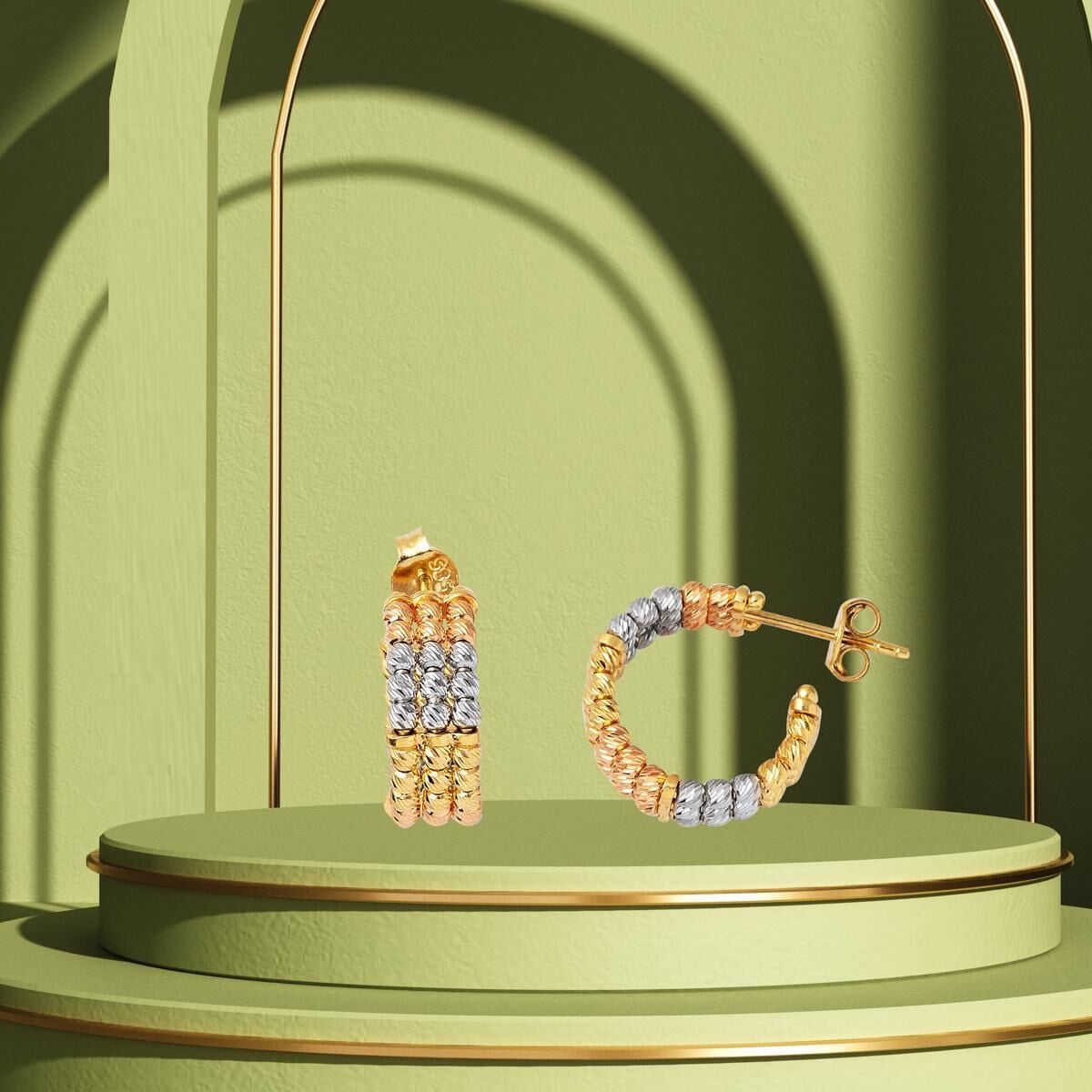 14K Yellow Gold Tri-Color Ball Earrings