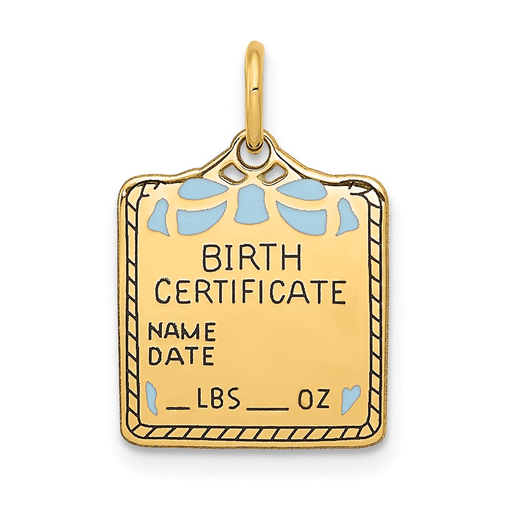 14K Yellow Gold Enameled Blue Engravable Birth Certificate Charm