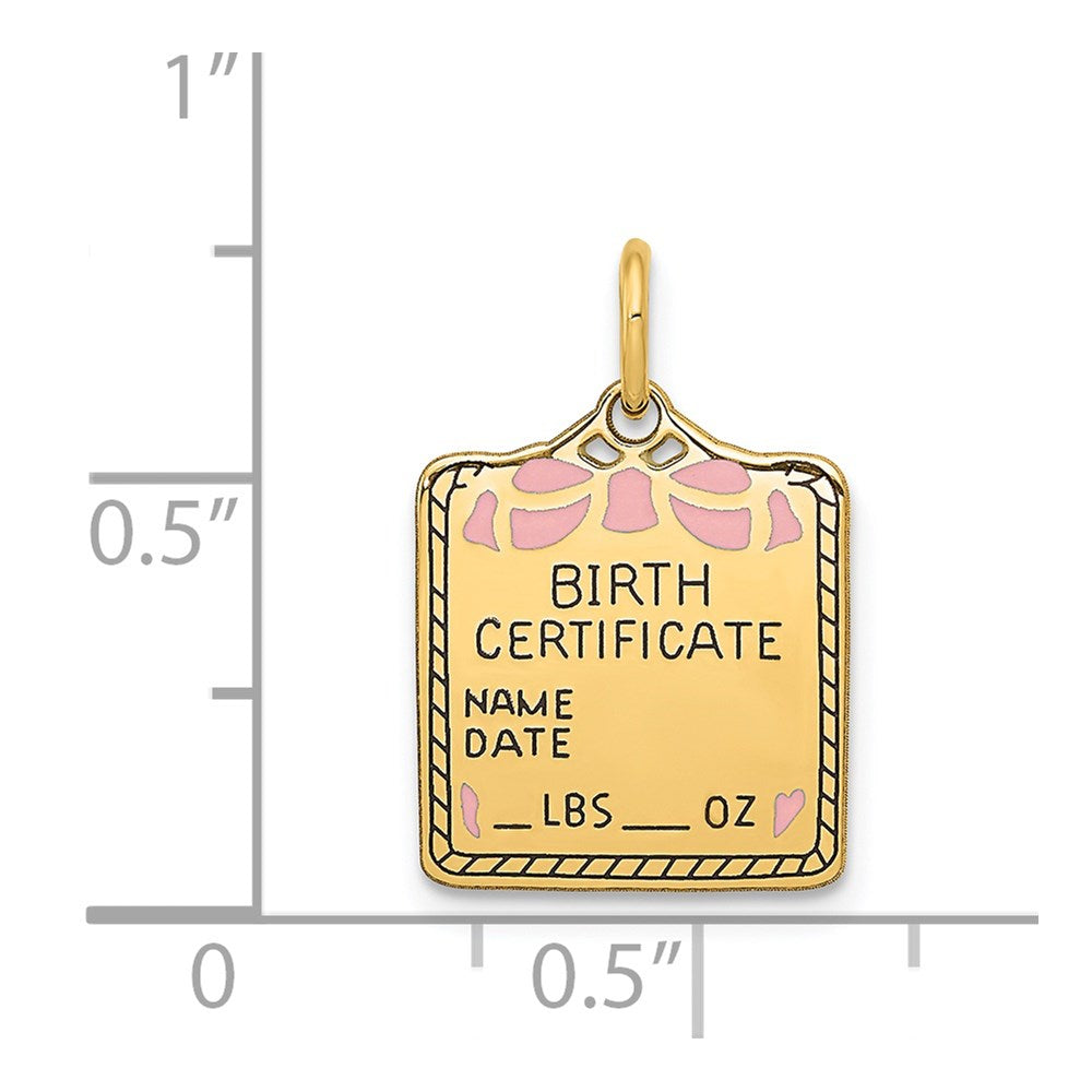 14K Yellow Gold Enameled Pink Engravable Birth Certificate Charm