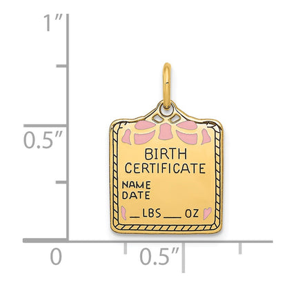 14K Yellow Gold Enameled Pink Engravable Birth Certificate Charm