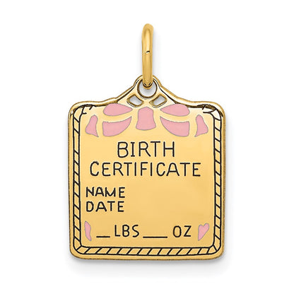 14K Yellow Gold Enameled Pink Engravable Birth Certificate Charm
