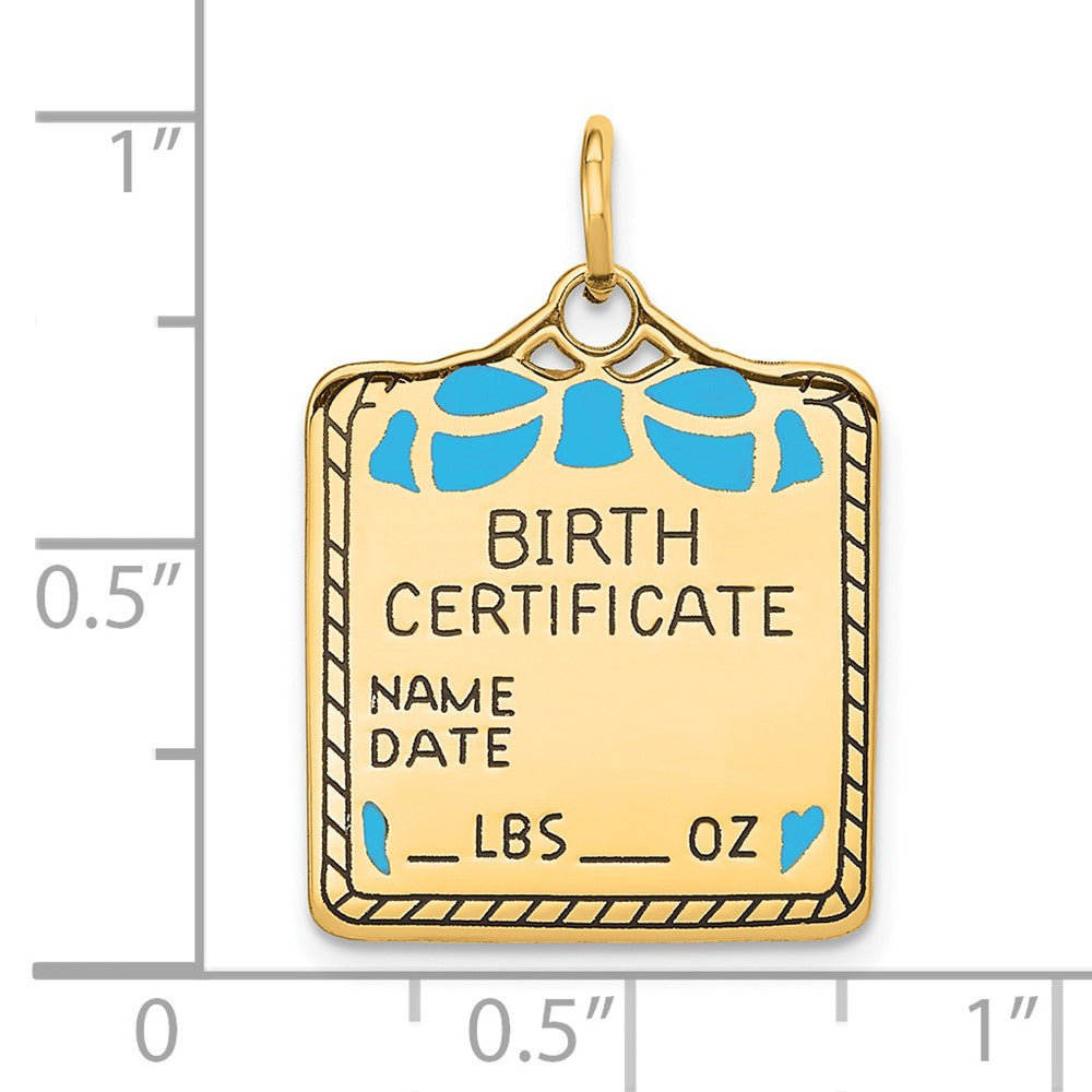 14K Yellow Gold Enameled Blue Engravable Birth Certificate Charm