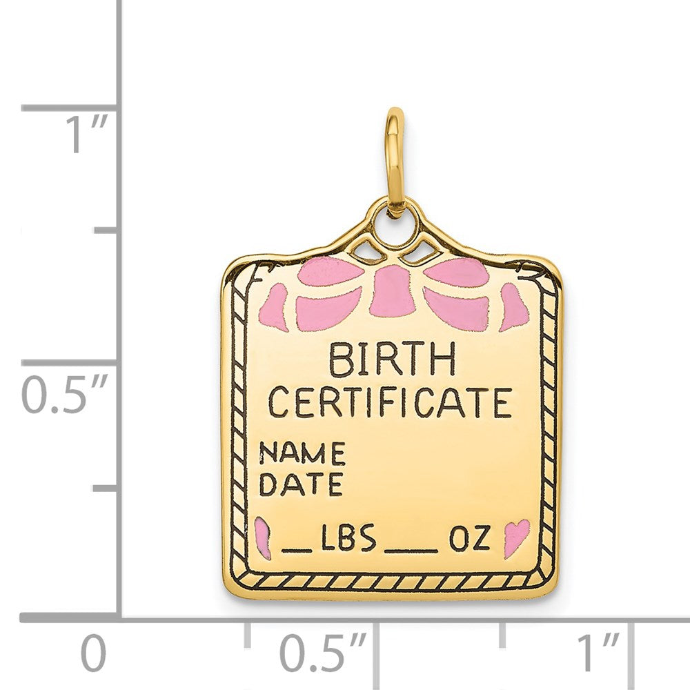 14K Yellow Gold Enameled Pink Engravable Birth Certificate Charm