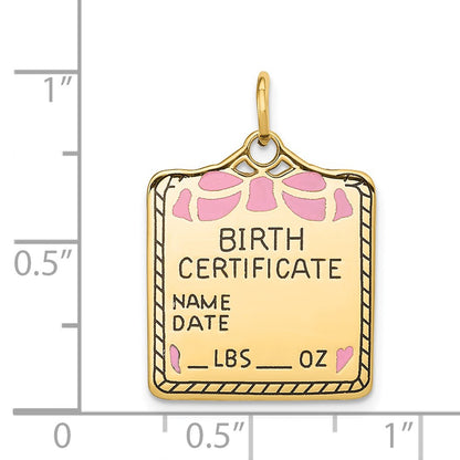 14K Yellow Gold Enameled Pink Engravable Birth Certificate Charm