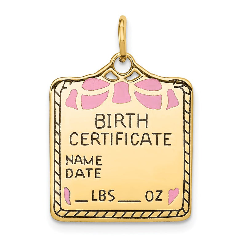 14K Yellow Gold Enameled Pink Engravable Birth Certificate Charm