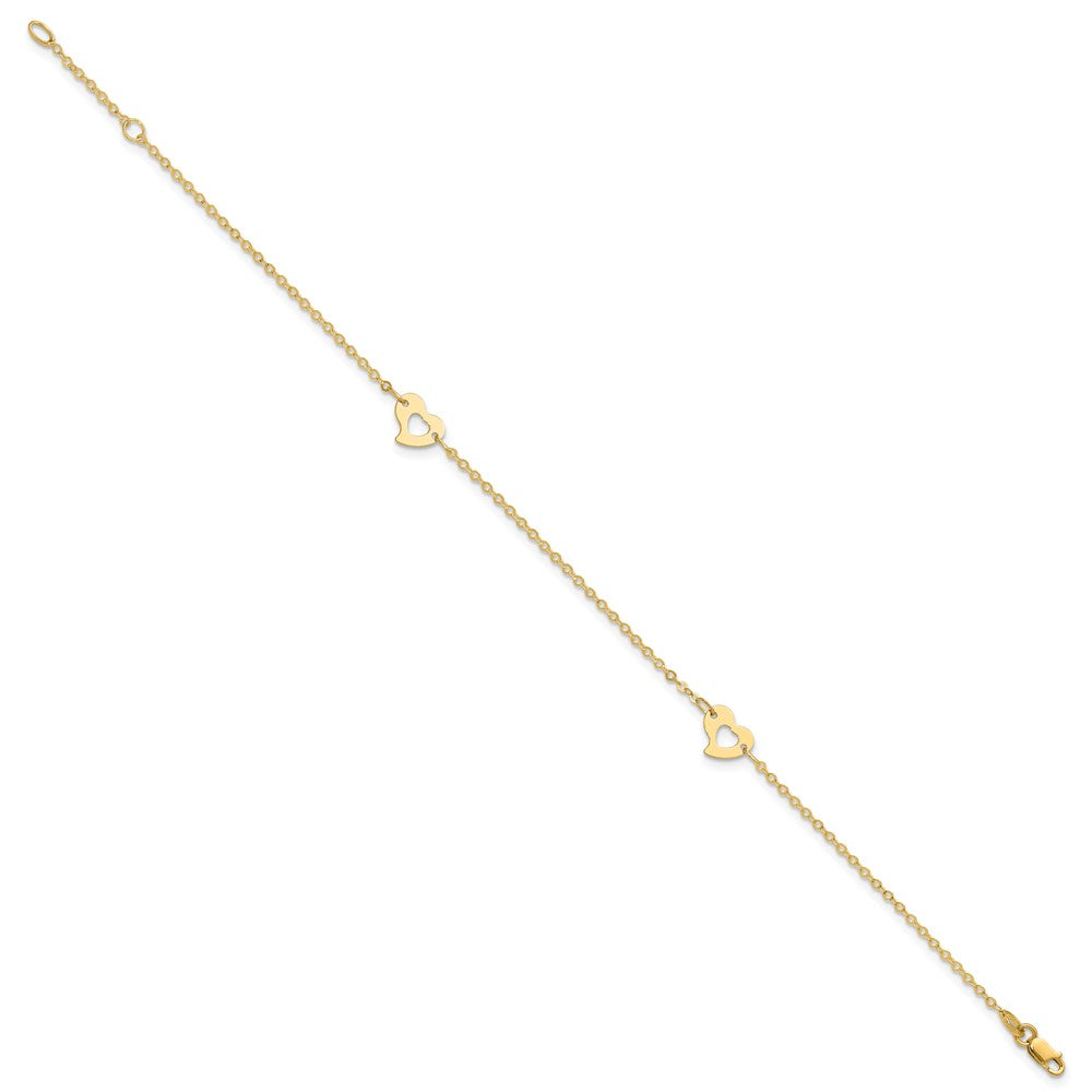 14K Yellow Gold Polished Heart 9in Plus 1in Ext Anklet