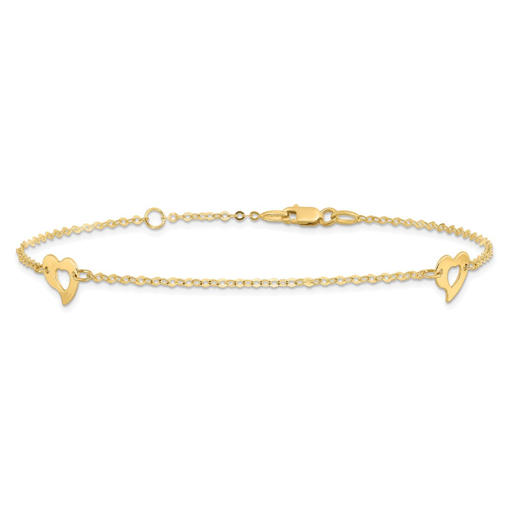 14K Yellow Gold Polished Heart 9in Plus 1in Ext Anklet