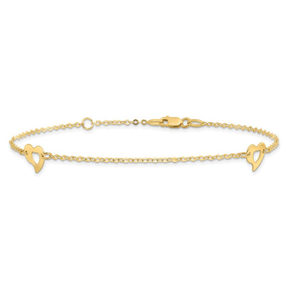 14K Yellow Gold Polished Heart 9in Plus 1in Ext Anklet