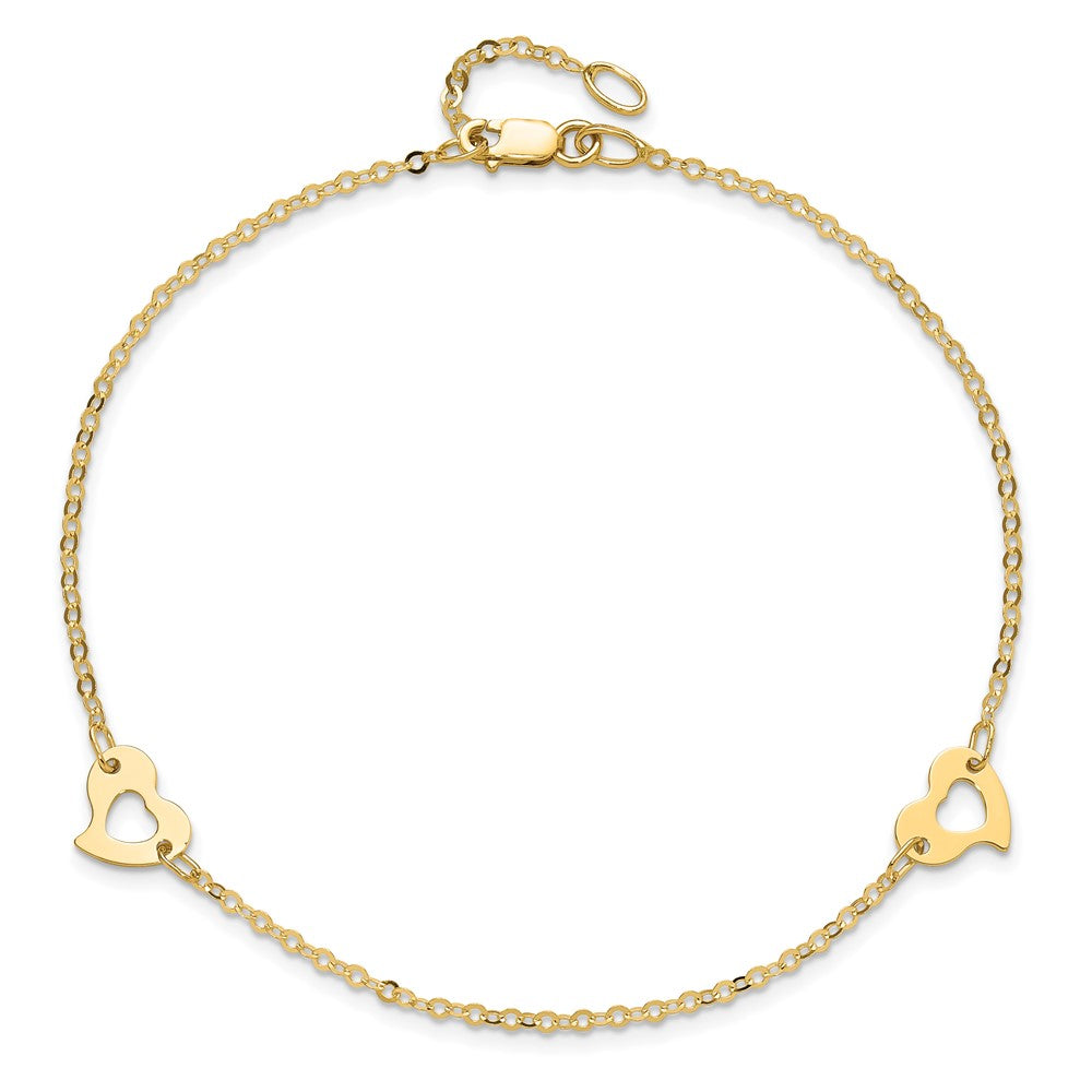14K Yellow Gold Polished Heart 9in Plus 1in Ext Anklet