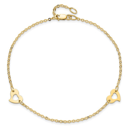 14K Yellow Gold Polished Heart 9in Plus 1in Ext Anklet